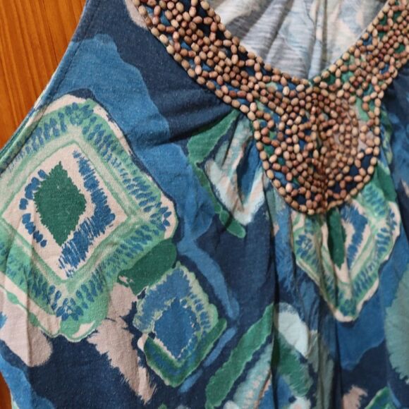 Sonoma Blue Ikat Print Wooden Beaded Neckline Tank Top Petite Large - Picture 6 of 10